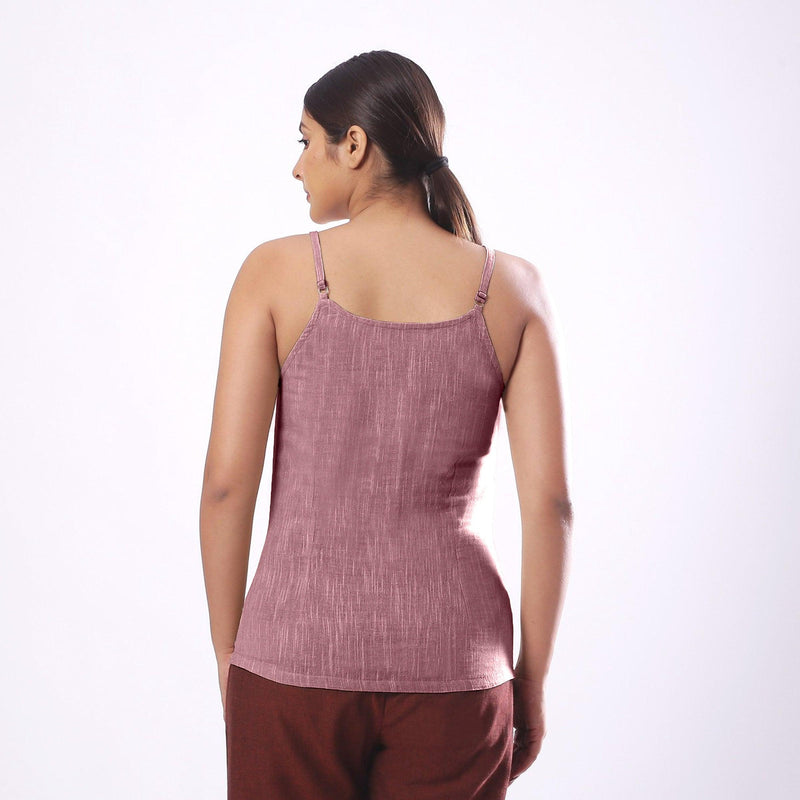 Back View of a Model wearing Solid Purple Basic Cotton Spaghetti Top