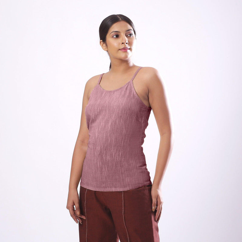Left View of a Model wearing Solid Purple Basic Cotton Spaghetti Top