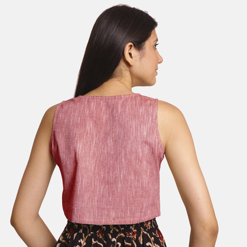 Back View of a Model wearing Solid Purple Yarn Dyed Cotton Crop Top