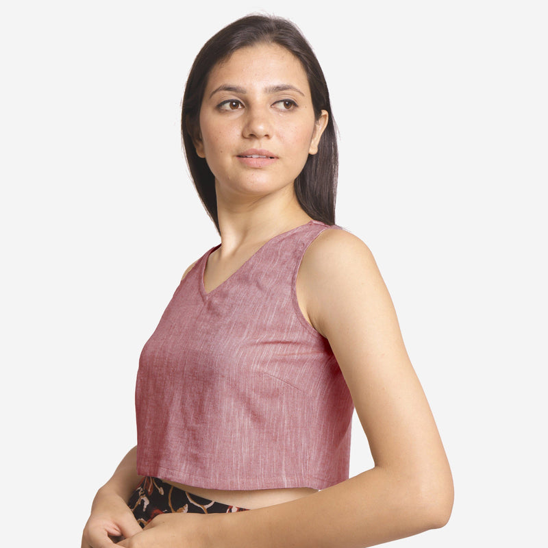 Left View of a Model wearing Solid Purple Yarn Dyed Cotton Crop Top