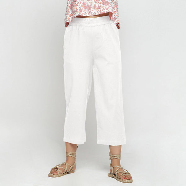 Front View of a Model wearing Solid White Cotton Flax Culottes