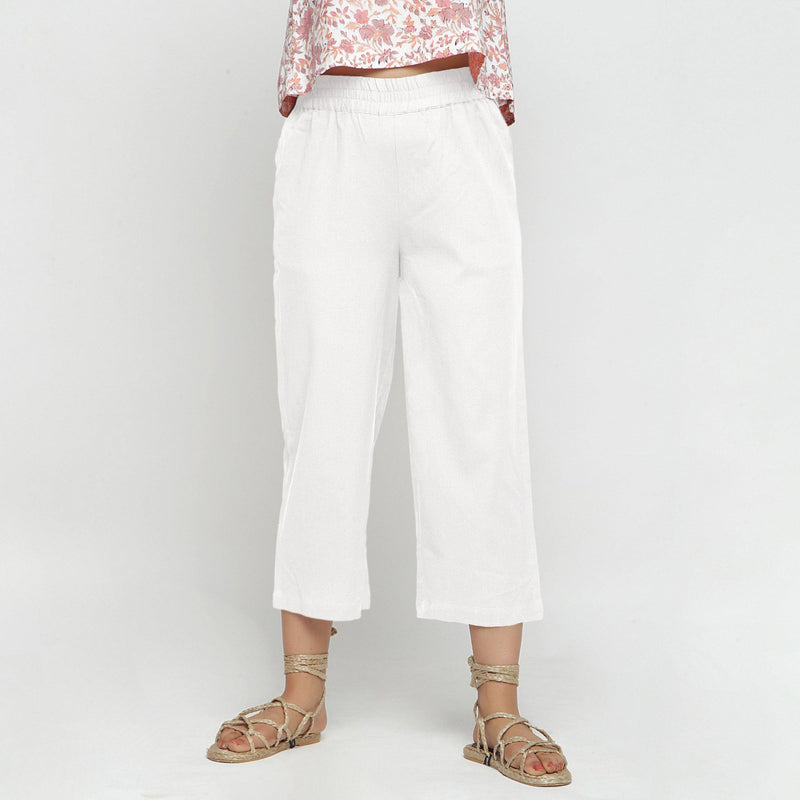Front View of a Model wearing Solid White Cotton Flax Culottes