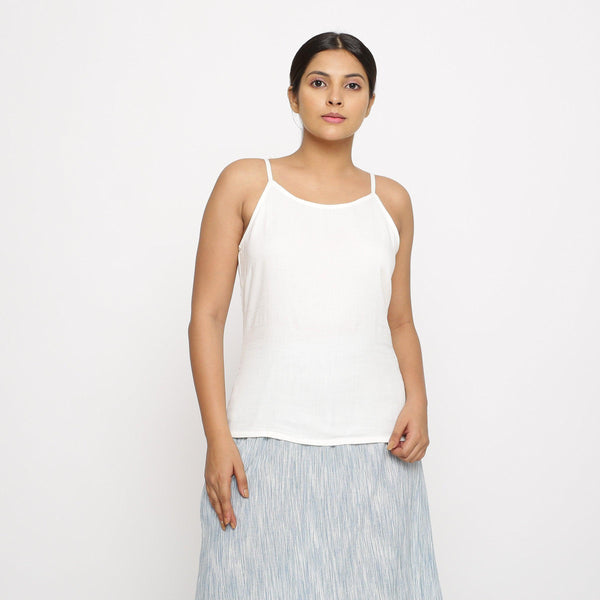 Front View of a Model wearing White 100% Cotton Relaxed Fit Spaghetti Top
