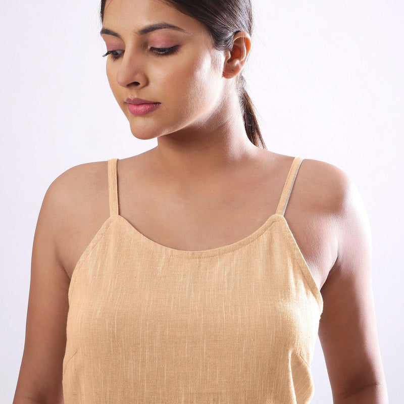 Front Detail of a Model wearing Solid Yellow Basic Cotton Spaghetti Top