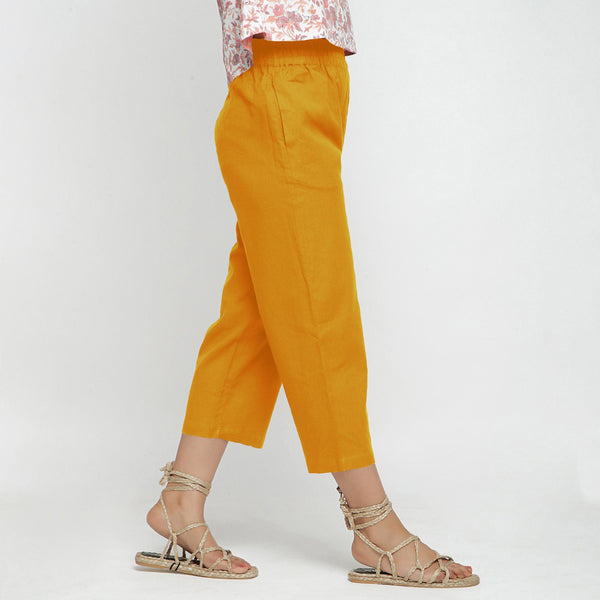 Right View of a Model wearing Solid Yellow Cotton Flax Culottes