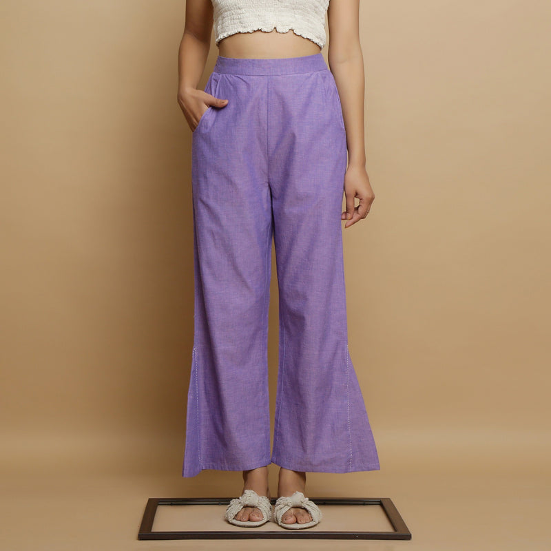 Front View of a Model wearing Lavender Ankle-Length Godet Pant