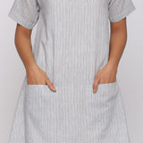 Grey Striped Boat Neck Cotton Knee Length Shift Dress