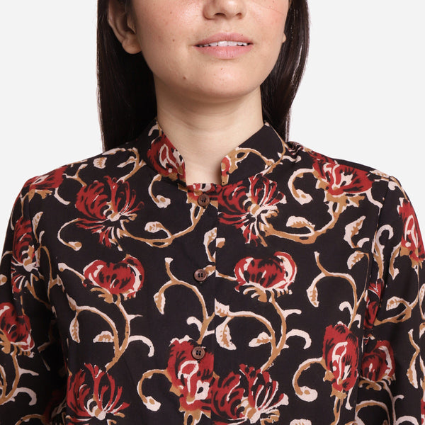 Front Detail of a Model wearing Straight Floral Mandarin Collar Shirt