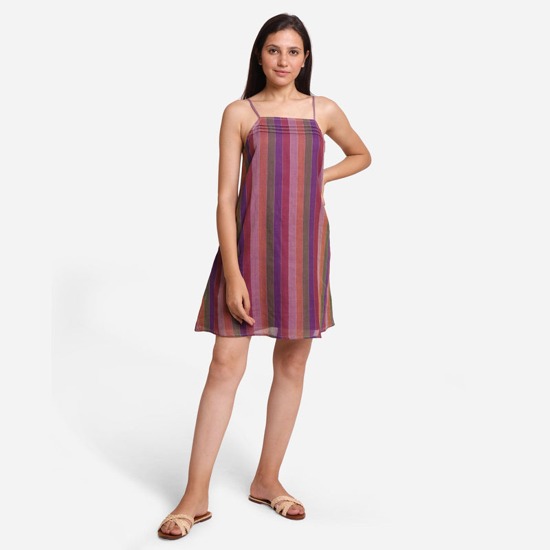 Front View of a Model wearing Strappy Handspun A-Line Striped Dress