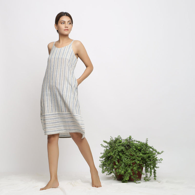 Front View of a Model wearing Strappy Handspun Striped Shift Dress