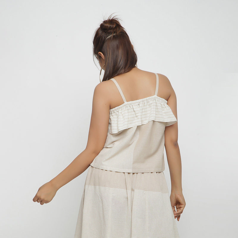 Back View of a Model wearing Strappy Striped Cotton Camisole Crop Top