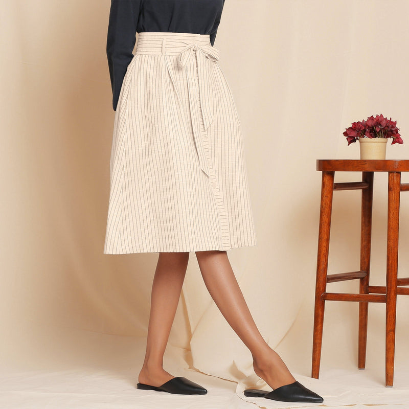 Right View of a Model wearing Striped Beige Paperbag Button-Down Cotton Skirt