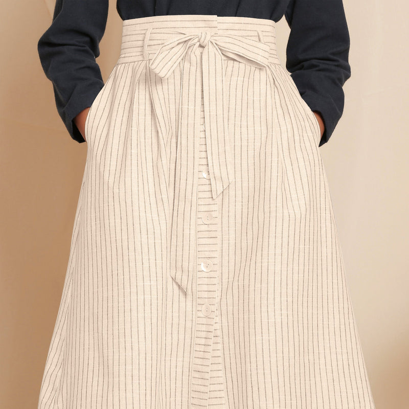 Front Detail of a Model wearing Striped Beige Paperbag Button-Down Cotton Skirt