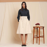 Front View of a Model wearing Striped Beige Paperbag Button-Down Cotton Skirt