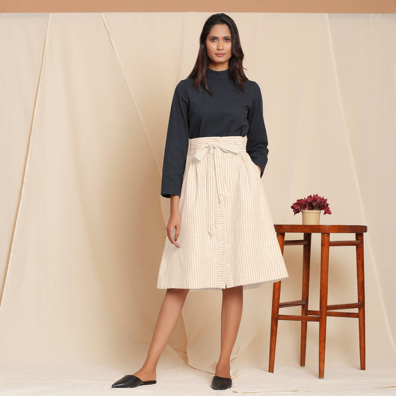 Front View of a Model wearing Striped Beige Paperbag Button-Down Cotton Skirt