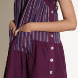 Front Detail of a Model wearing Berry Wine Striped Cotton Knee Length Tier Dress