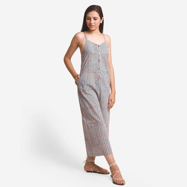 Right View of a Model wearing Striped Block Print Cotton Camisole Midi Jumpsuit