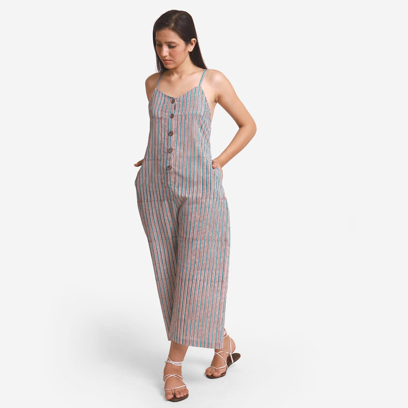 Front View of a Model wearing Striped Block Print Cotton Camisole Midi Jumpsuit