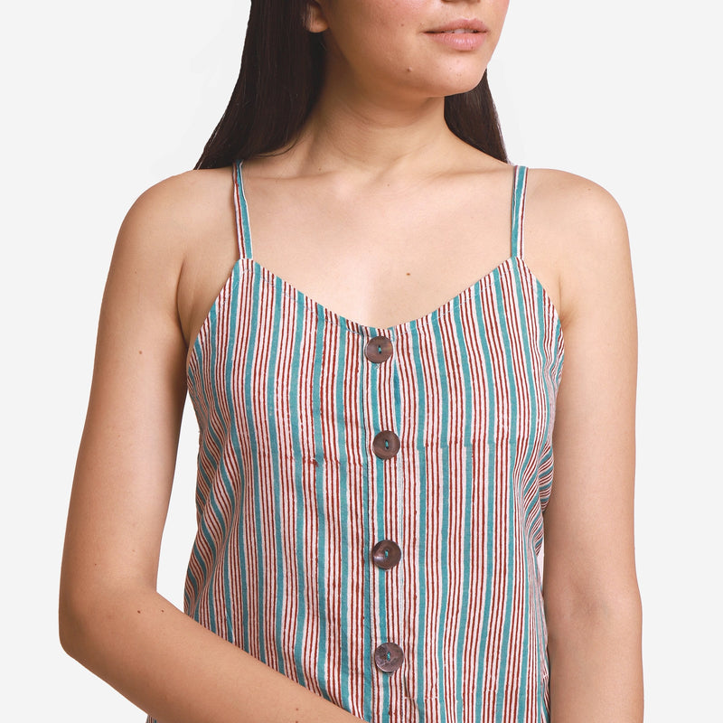 Front Detail of a Model wearing Striped Block Print Cotton Camisole Midi Jumpsuit