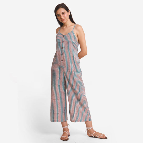 Front View of a Model wearing Striped Camisole Wide Legged Jumpsuit