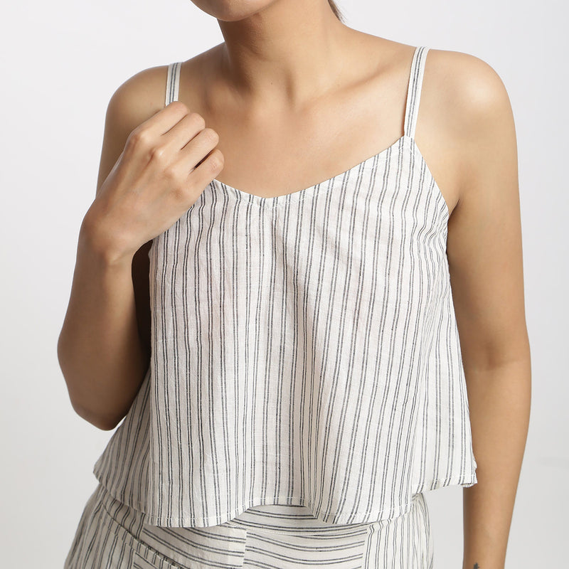 Front Detail of a Model wearing Strappy Ecru Handspun Cotton Camisole Top