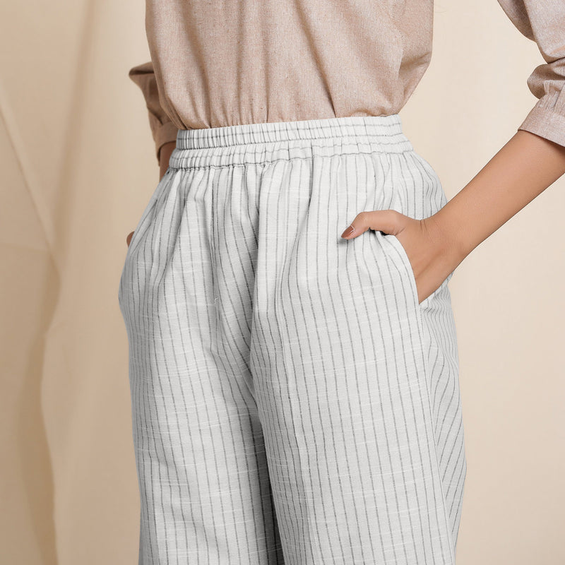Front Detail of a Model wearing Striped Cloudy Grey Elasticated Cotton Pant