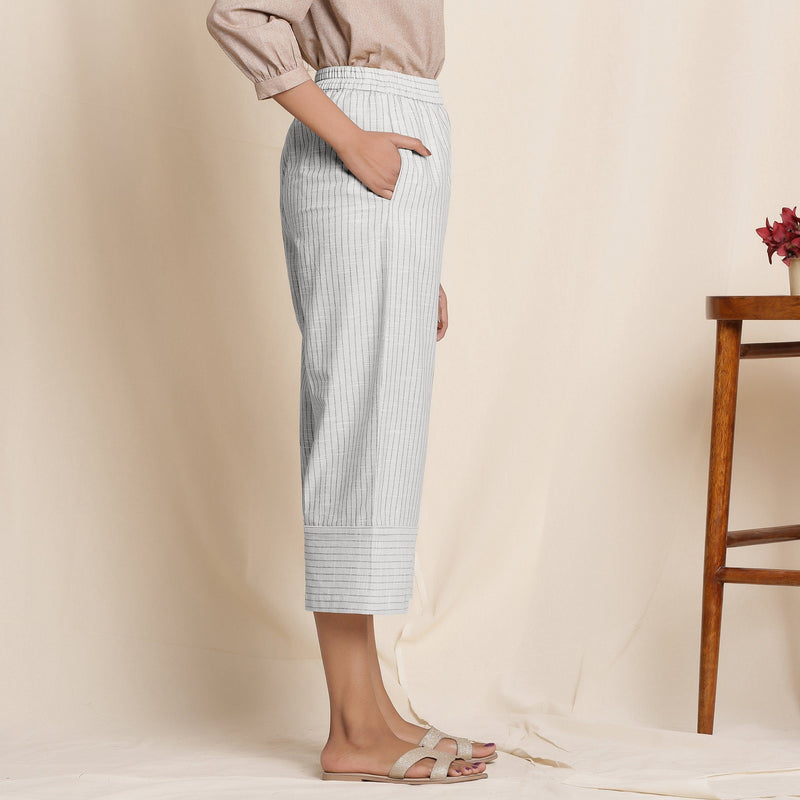 Right View of a Model wearing Striped Cloudy Grey Elasticated Cotton Pant