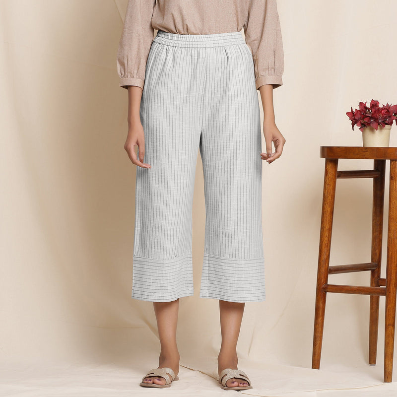 Front View of a Model wearing Striped Cloudy Grey Elasticated Cotton Pant
