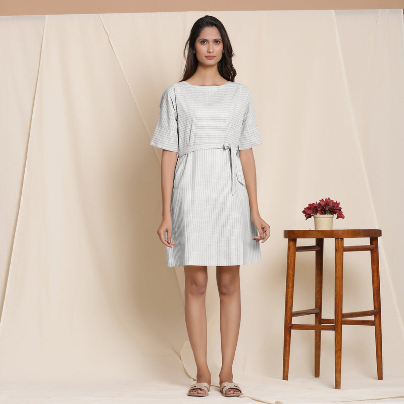 Front View of a Model wearing Striped Cloudy Grey Sack Cotton Dress