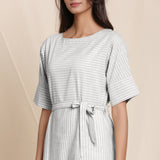 Front Detail of a Model wearing Striped Cloudy Grey Sack Cotton Dress
