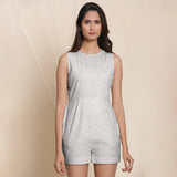 Front View of a Model wearing Striped Cloudy Grey Sleeveless Cotton Romper