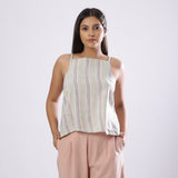 Front View of a Model wearing Striped Handspun Cotton Paneled Top