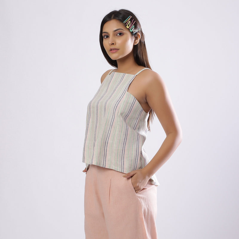 Left View of a Model wearing Striped Handspun Cotton Paneled Top