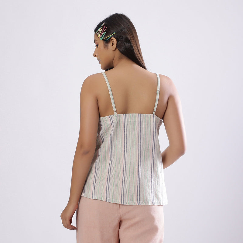 Back View of a Model wearing Striped Handspun Cotton Paneled Top