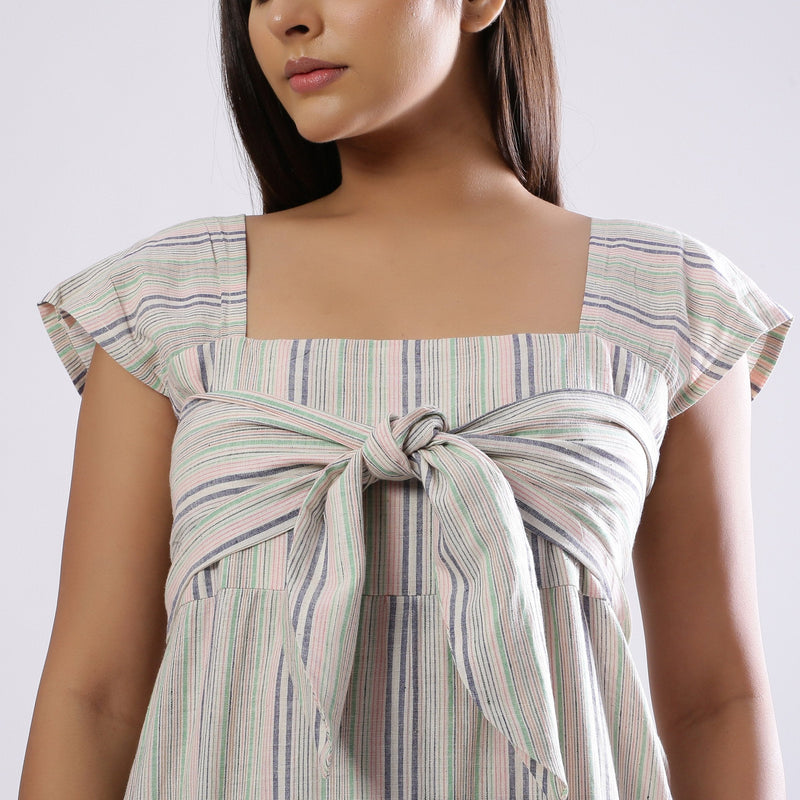 Front Detail of a Model wearing Striped Handspun Cotton Straight Jumpsuit