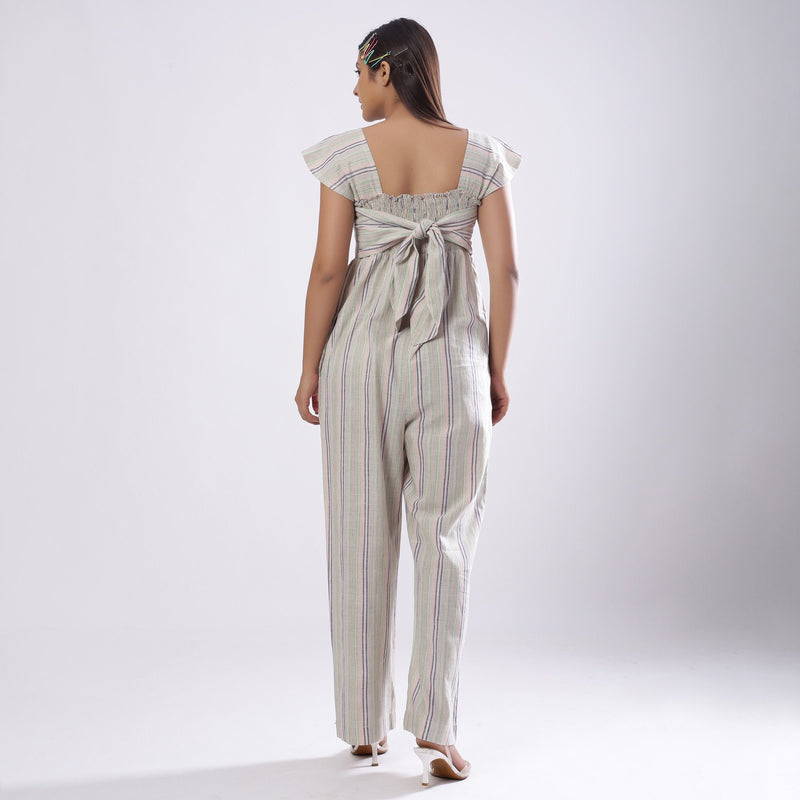 Back View of a Model wearing Striped Handspun Cotton Straight Jumpsuit