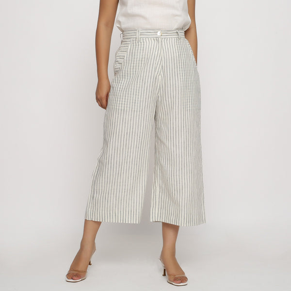 Front View of a Model wearing Striped Handspun Wide Legged Culottes