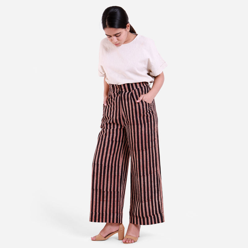 Left View of a Model wearing Striped Block Print Cotton Baggy Trouser Pant