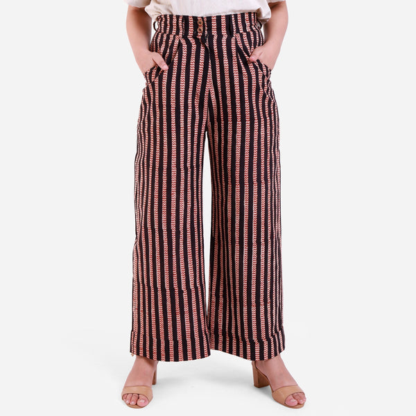 Front View of a Model wearing Striped Block Print Cotton Baggy Trouser Pant