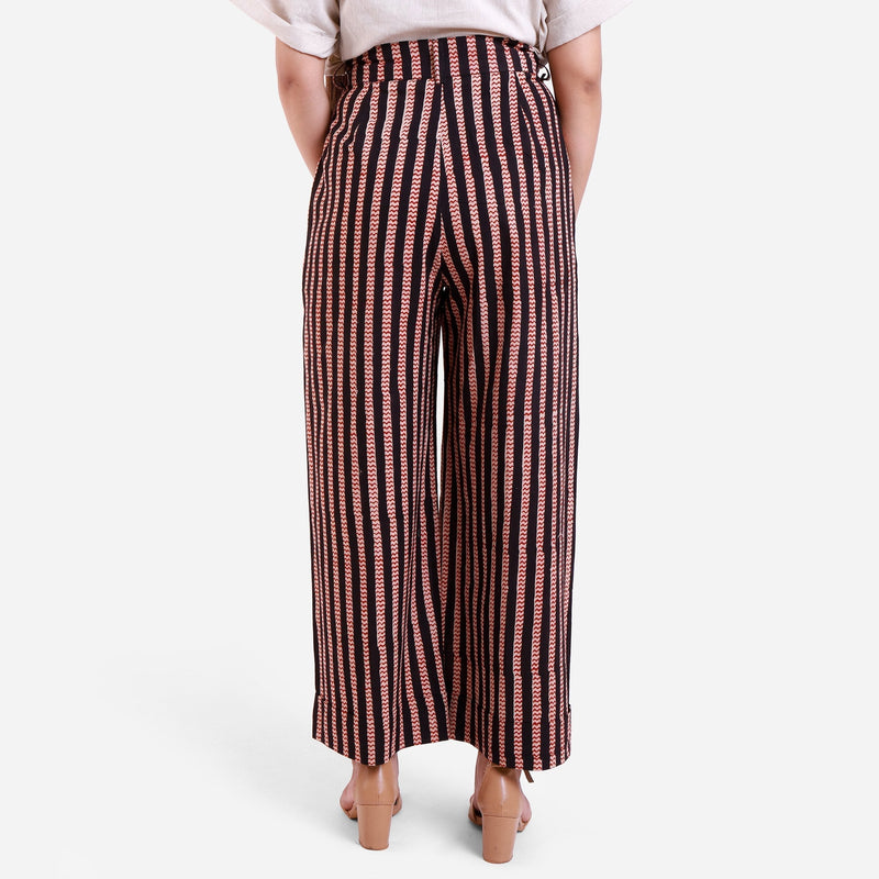Back View of a Model wearing Striped Block Print Cotton Baggy Trouser Pant