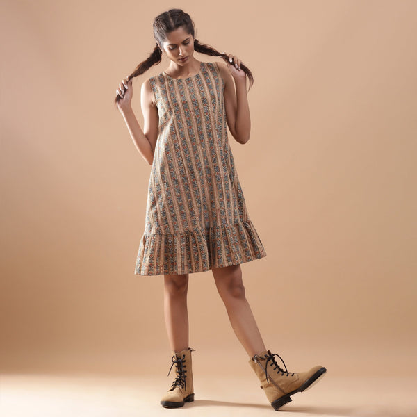 Front View of a Model wearing Striped Block Printed Cotton Knee Length Dress