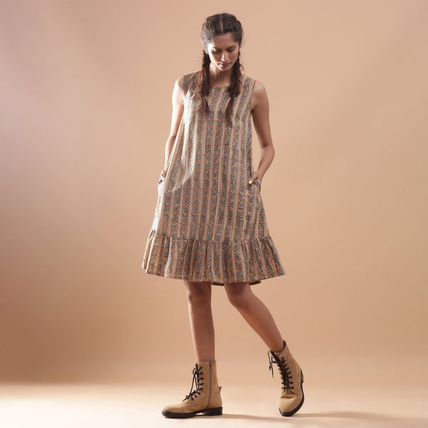 Front View of a Model wearing Striped Block Printed Cotton Knee Length Dress