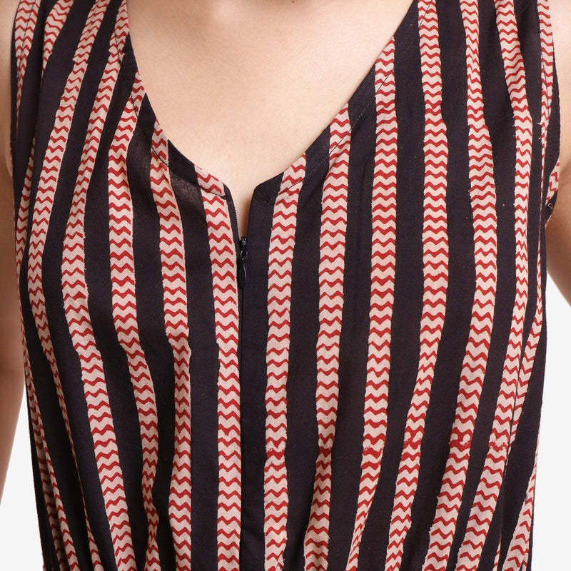 Front Detail of a Model wearing Striped Block Print Cotton Sleeveless Short Romper