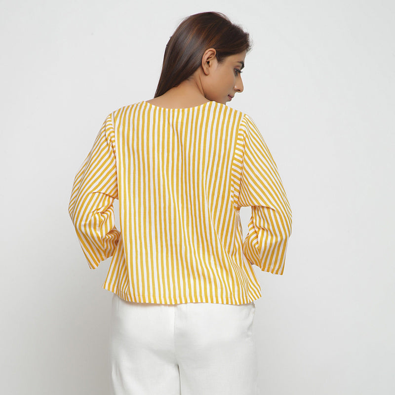 Back View of a Model wearing Yellow Hand Screen Printed Straight Top