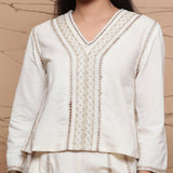 Front Detail of a Model wearing Undyed V-Neck Jute Laced Cotton Top