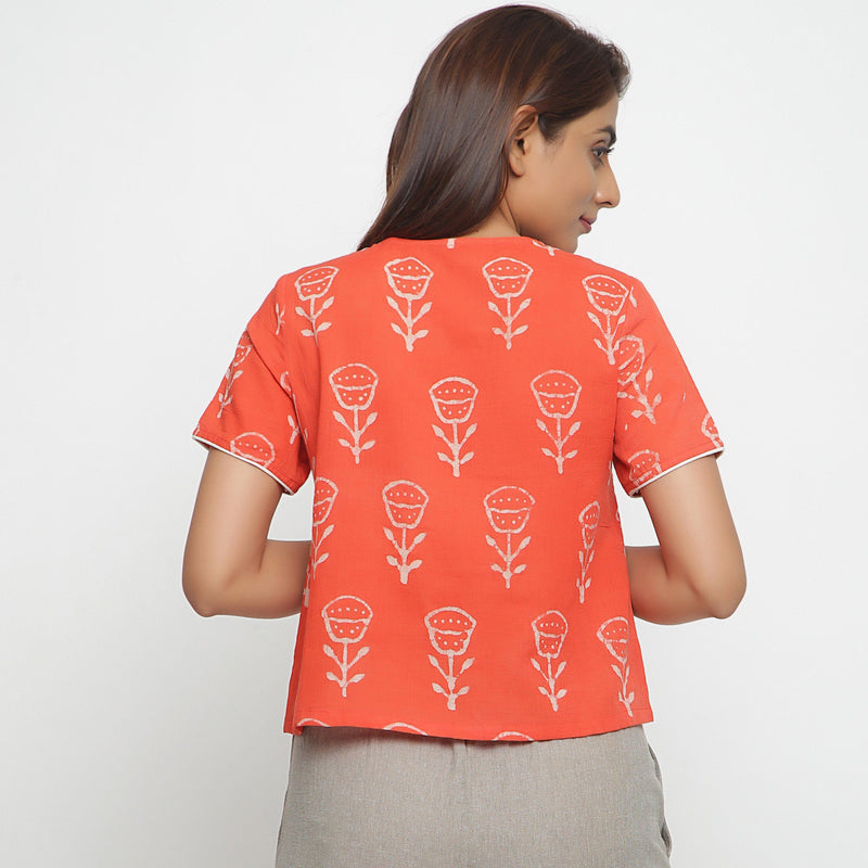 Back View of a Model wearing Dabu Print Relaxed Sleeves Button-Down Top