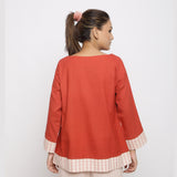 Back View of a Model wearing Brick Red Vegetable Dyed A-Line Shirt