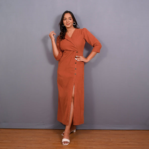 Front View of a Model wearing Sunset Rust Warm Cotton Corduroy Front Slit Maxi Dress