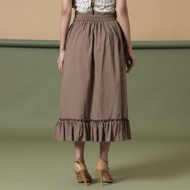 Back View of a Model wearing Taupe A-Line Ruffled Cotton Skirt