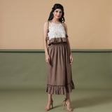 Front View of a Model wearing Taupe A-Line Ruffled Cotton Skirt